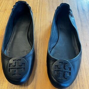 Tory Burch Black Leather Ballet Flats, Women’s Size 10 Cushioned   Designer Logo